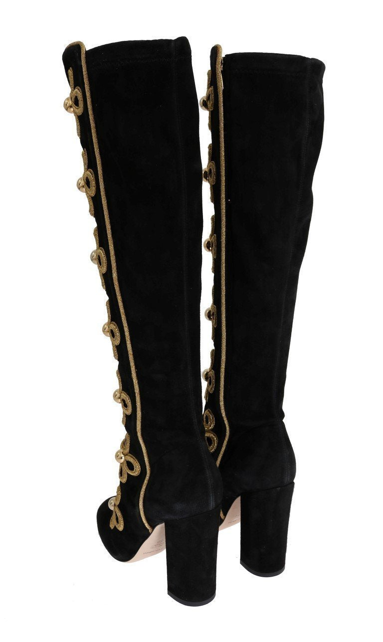 Black Suede Stretch Gold Boots