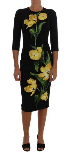 Black Yellow Tulip Wool Stretch Dress