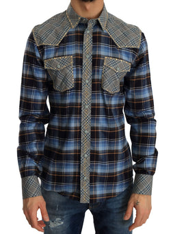 Blue Gray Check Cotton Slim Fit Shirt