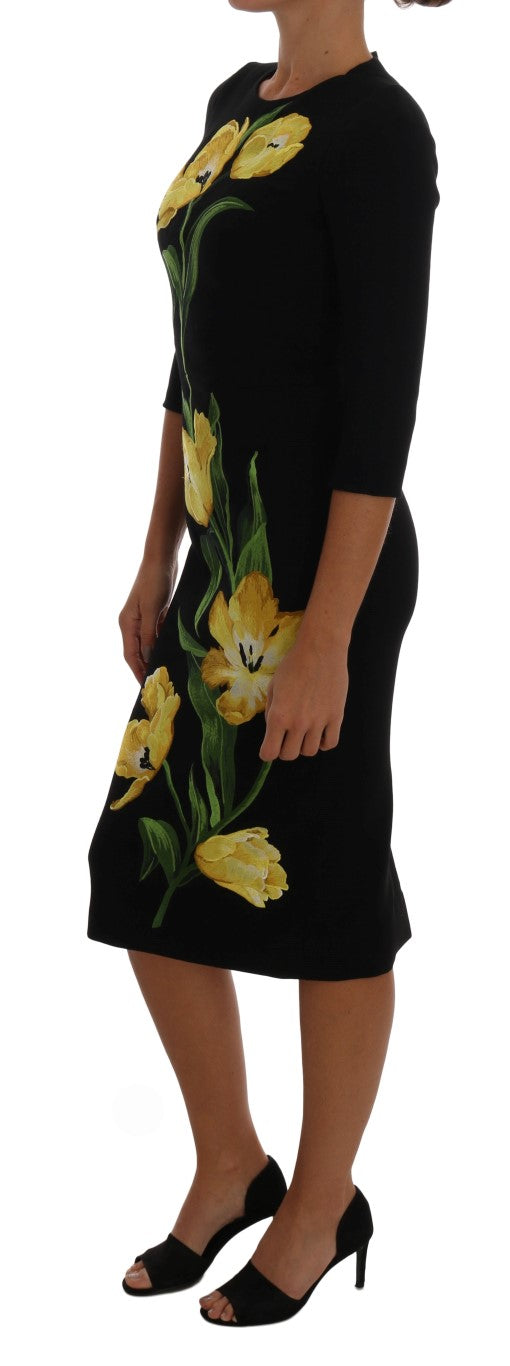 Black Yellow Tulip Wool Stretch Dress