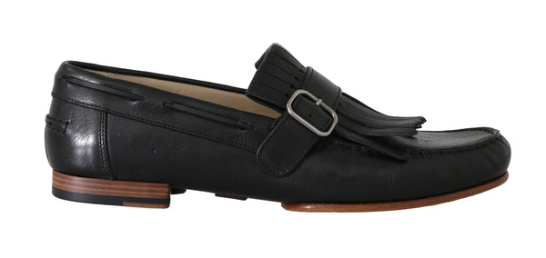 Black Leather Loafers Moccasin Slides