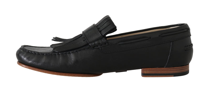 Black Leather Loafers Moccasin Slides