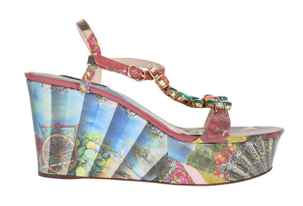 Multicolor Sicily Print Crystal Wedges Leather Shoes