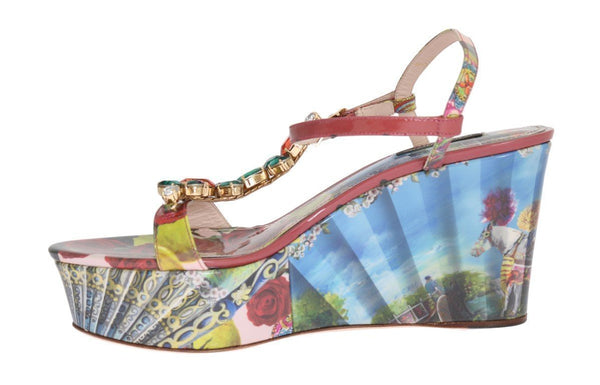 Multicolor Sicily Print Crystal Wedges Leather Shoes