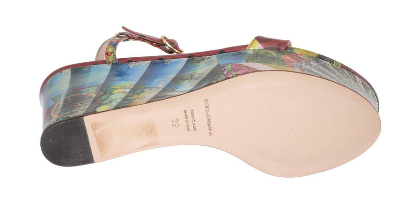 Multicolor Sicily Print Crystal Wedges Leather Shoes