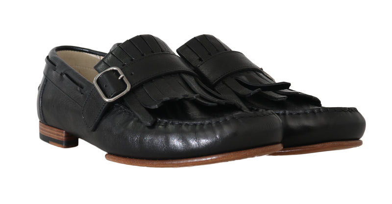 Black Leather Loafers Moccasin Slides