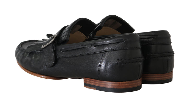 Black Leather Loafers Moccasin Slides