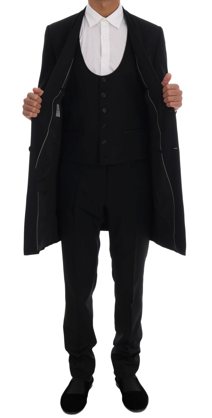 Black Wool Long 3 Piece Two Button Suit