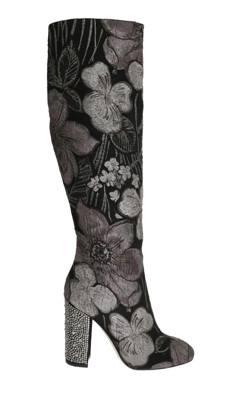 Black Silver Jacquard Crystal Boots