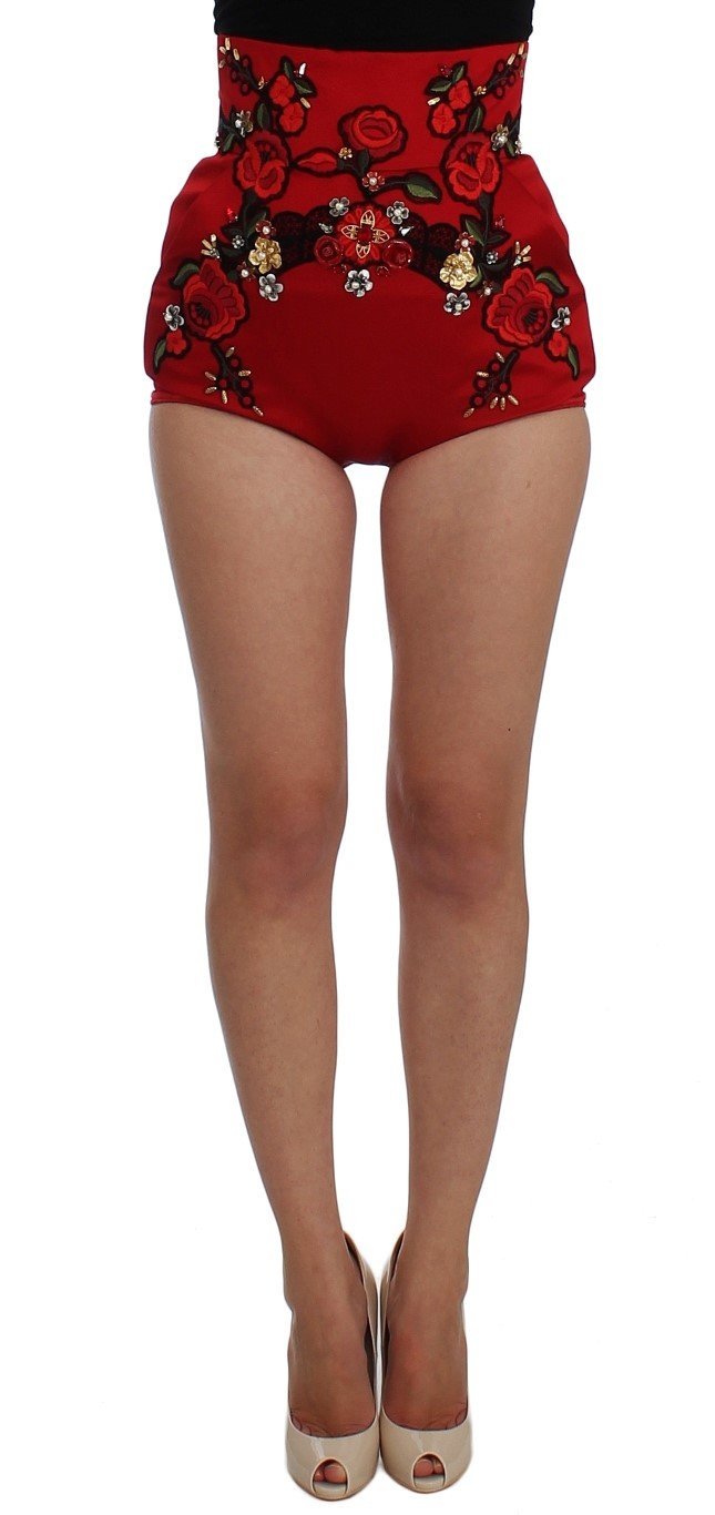 Red Silk Crystal Roses Shorts