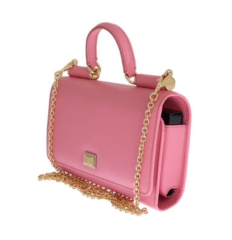 Pink Dauphine Leather SICILY VON Phone Purse Bag with Link and Leather Handle Strap