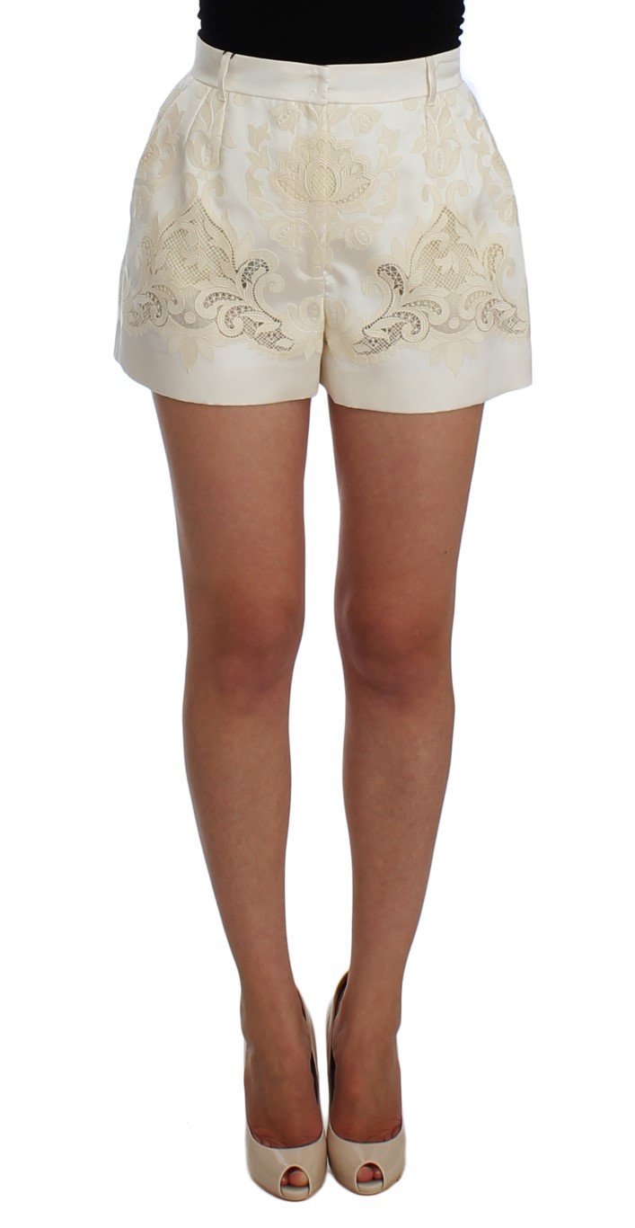 White Beige Lace Silk Blend Shorts