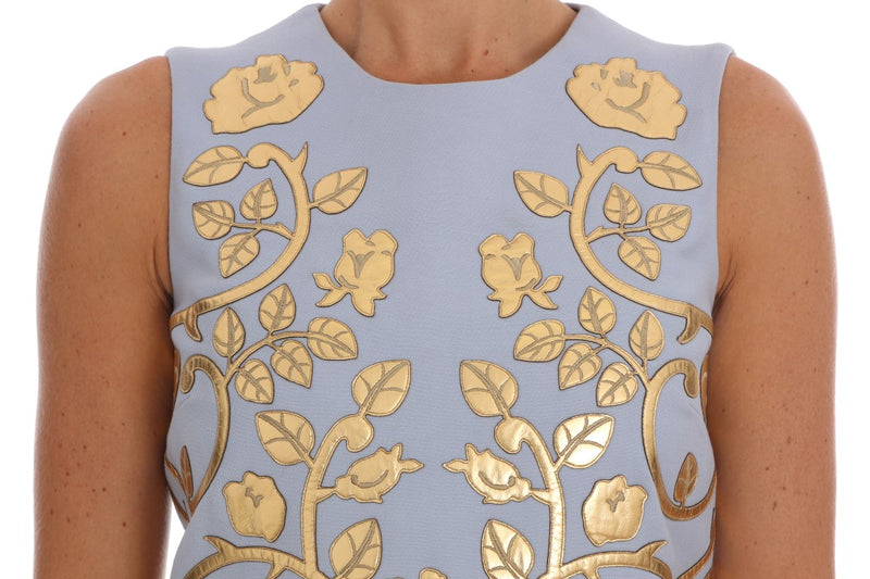 Blue Wool Gold Floral Leather Crystal Dress