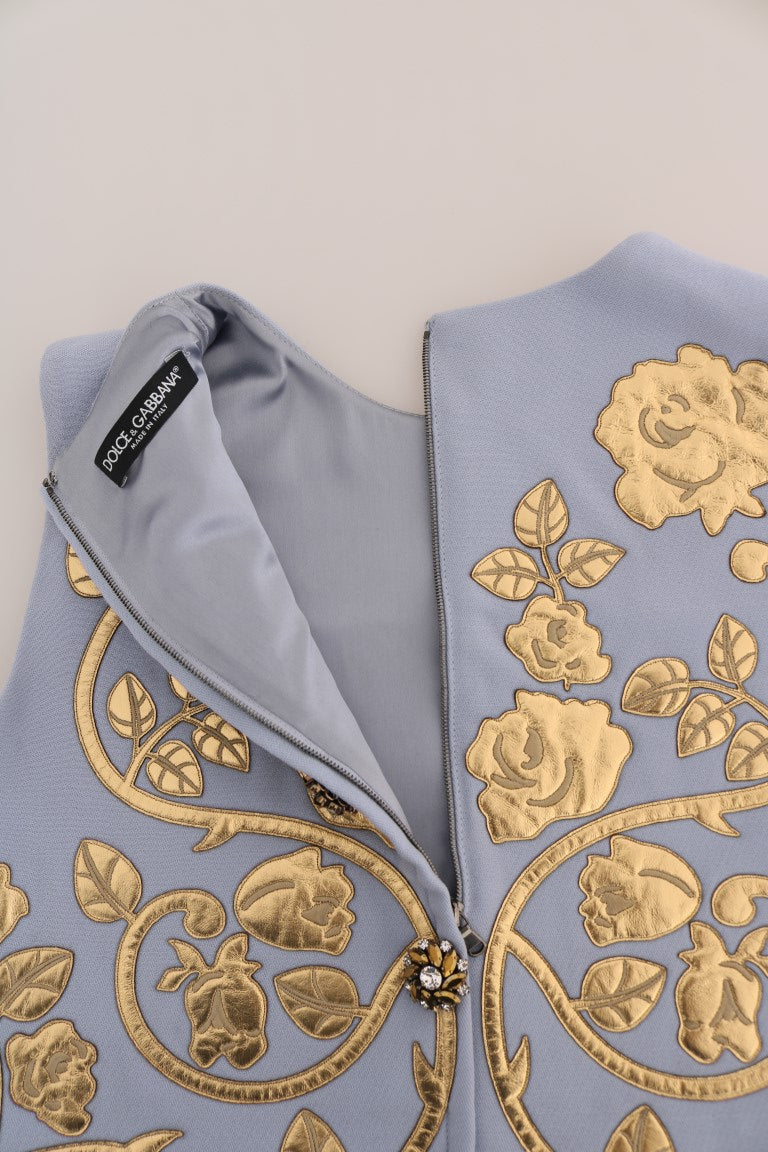 Blue Wool Gold Floral Leather Crystal Dress