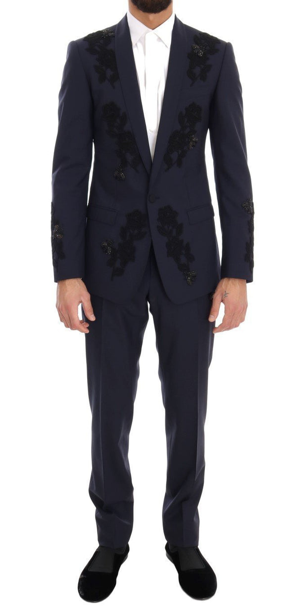 Blue Crystal Bee Roses Wool Stretch Suit