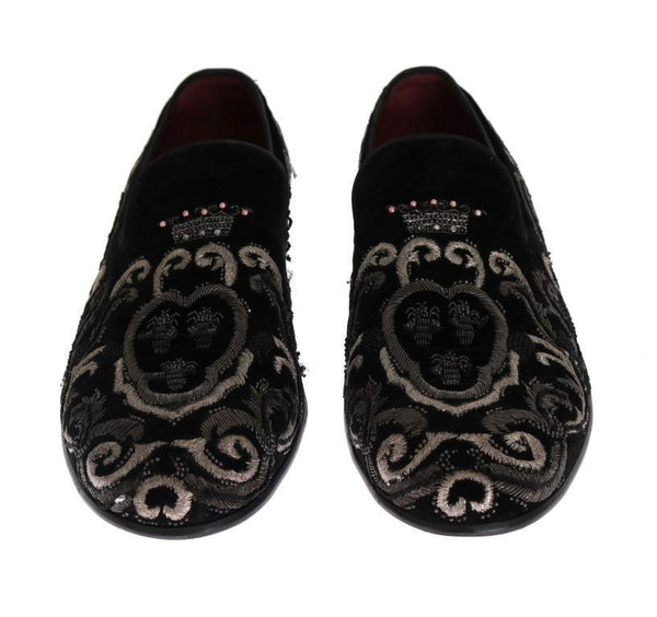 Black Crown Bee Embroidered Velvet Shoes