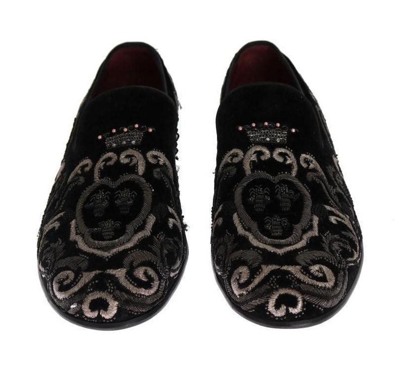 Black Crown Bee Embroidered Velvet Shoes