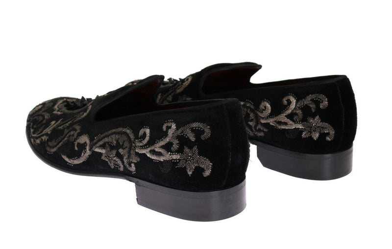 Black Crown Bee Embroidered Velvet Shoes