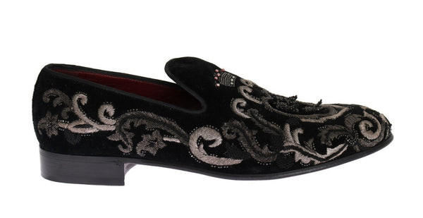 Black Crown Bee Embroidered Velvet Shoes
