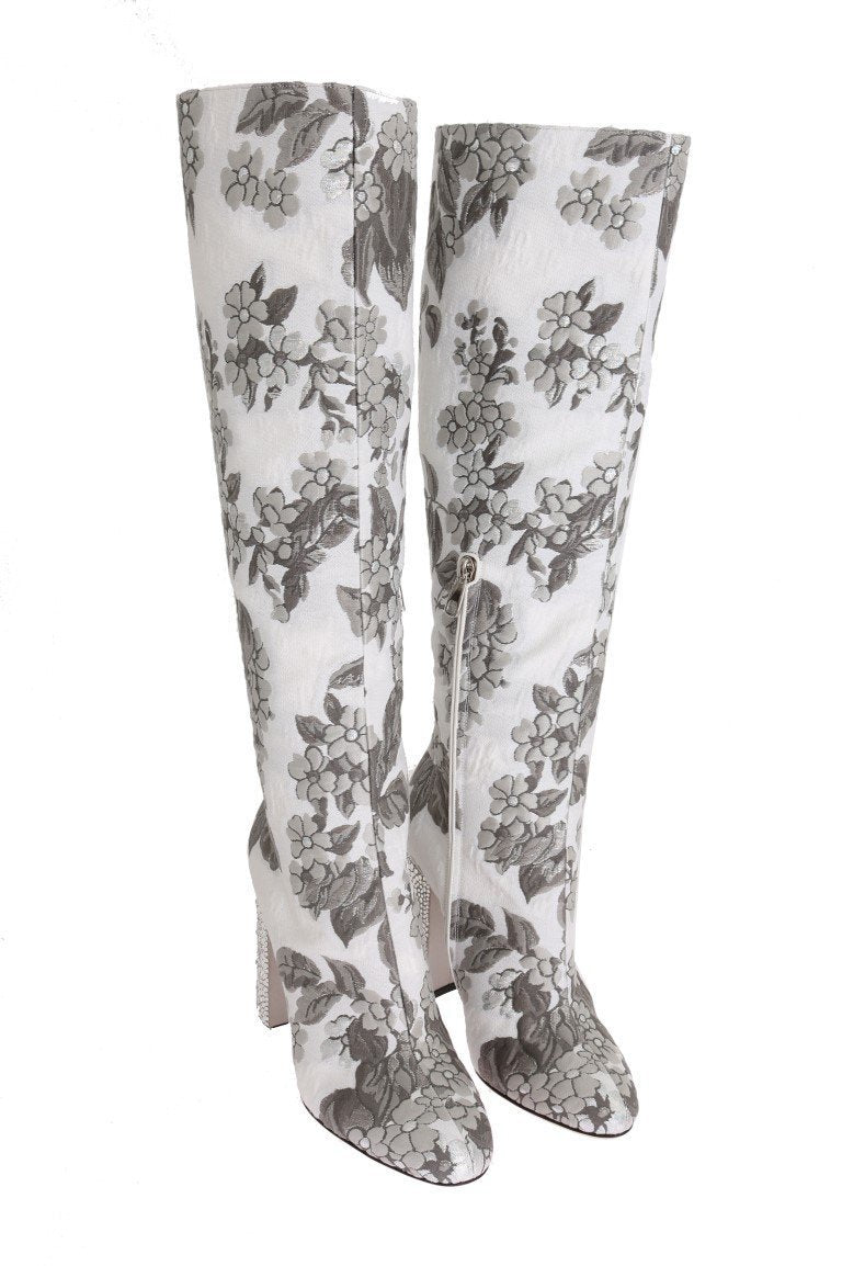 White Silver Jacquard Crystal Boots