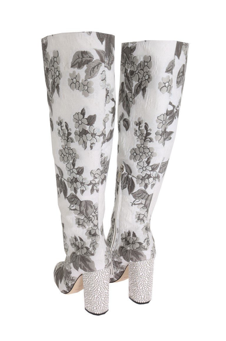 White Silver Jacquard Crystal Boots