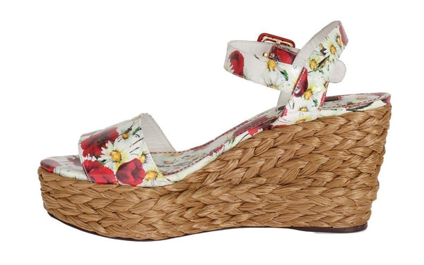 Floral Leather Straw Wedges Sandals