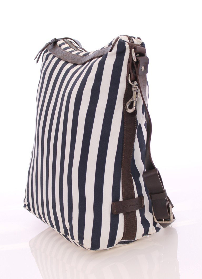 Blue striped canvas messenger bag