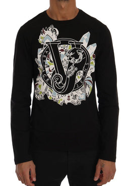 Black Cotton Crewneck Print Slim Fit Sweater