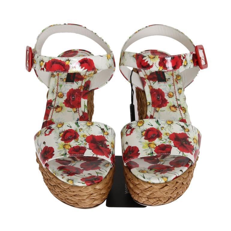 Floral Leather Straw Wedges Sandals