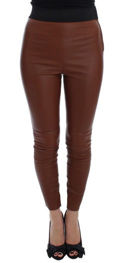 Brown Leather Stretch Slim Fit Pants