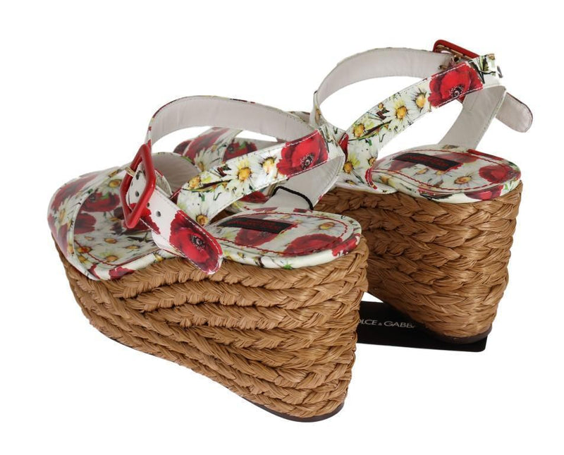 Floral Leather Straw Wedges Sandals
