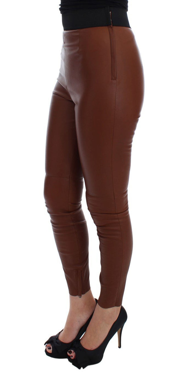 Brown Leather Stretch Slim Fit Pants