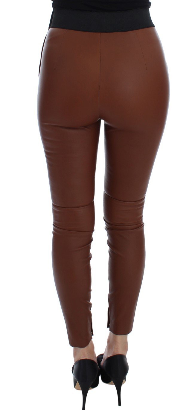 Brown Leather Stretch Slim Fit Pants