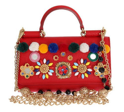 Red VON Leather Crystal Carretto POM POM Bag