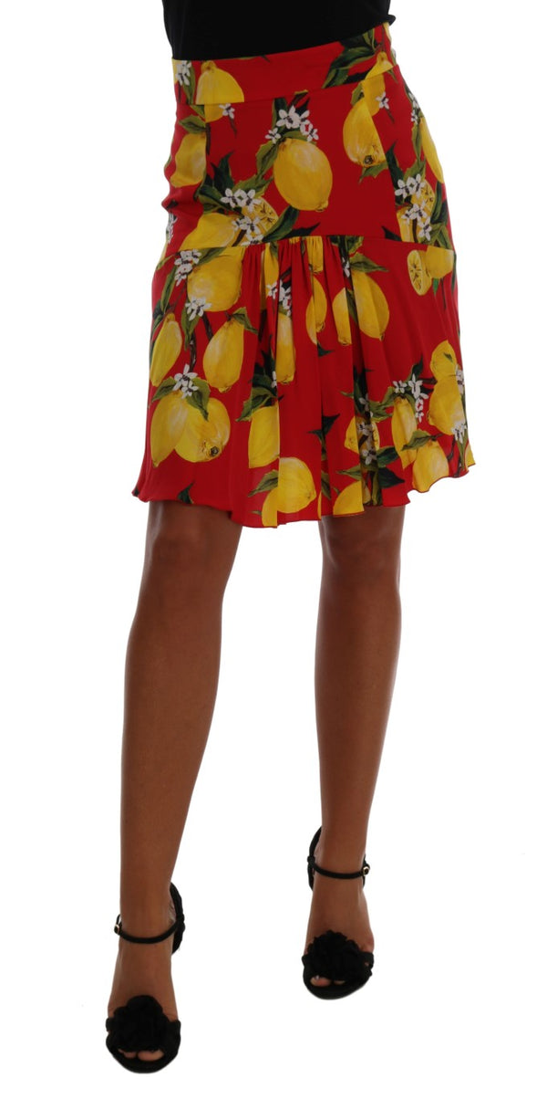 Red Lemon Print Pleated Skirt