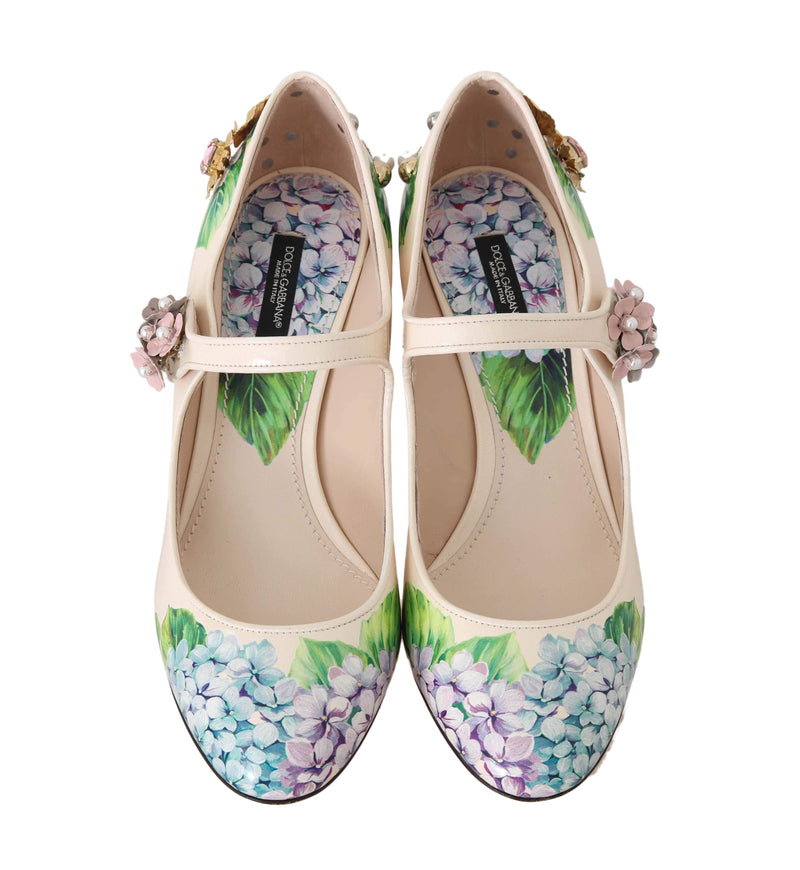 Beige Leather Crystal Hand Painted Mary Jane Pumps