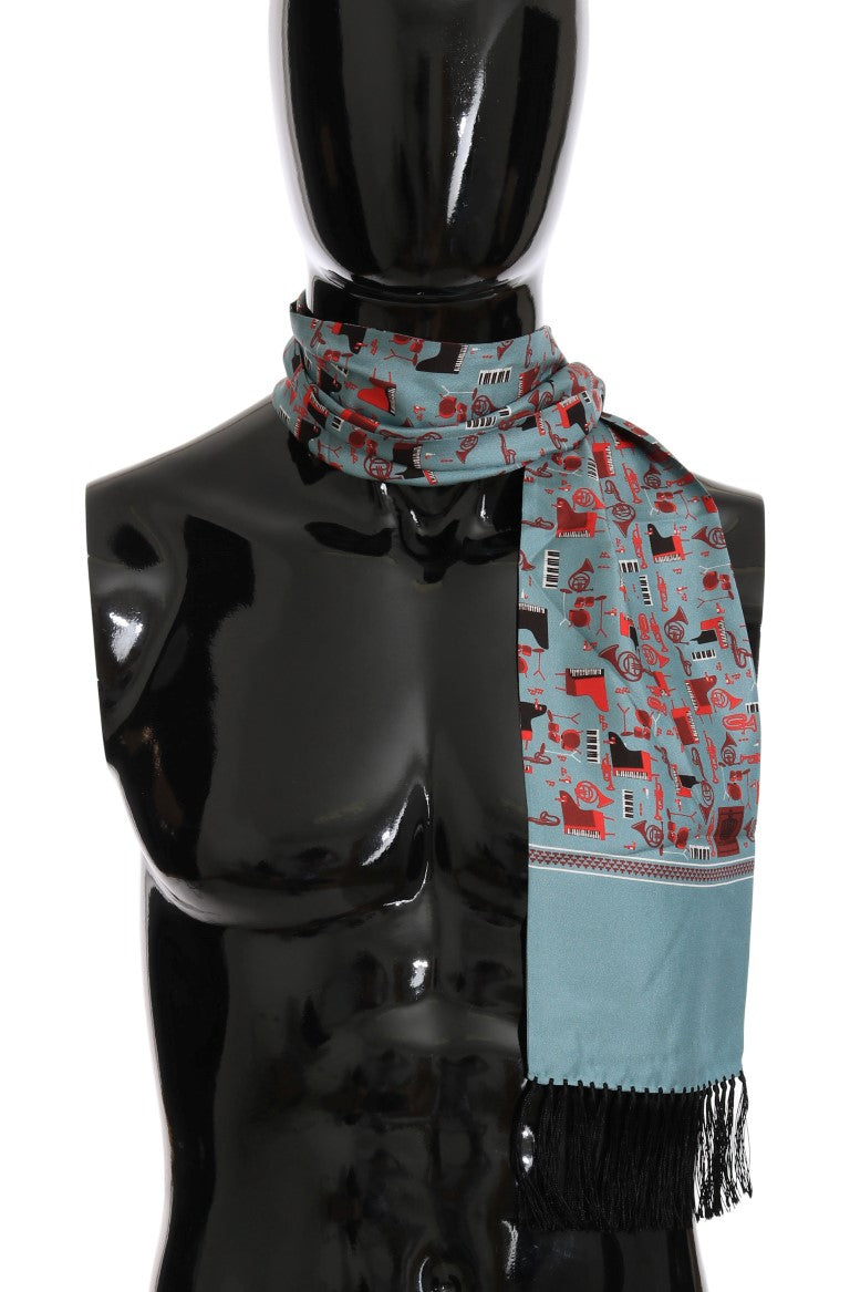 Blue Silk Red Music Print Scarf