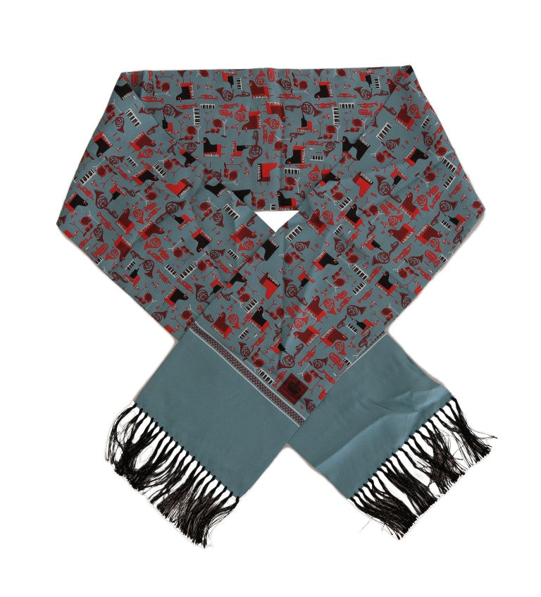 Blue Silk Red Music Print Scarf