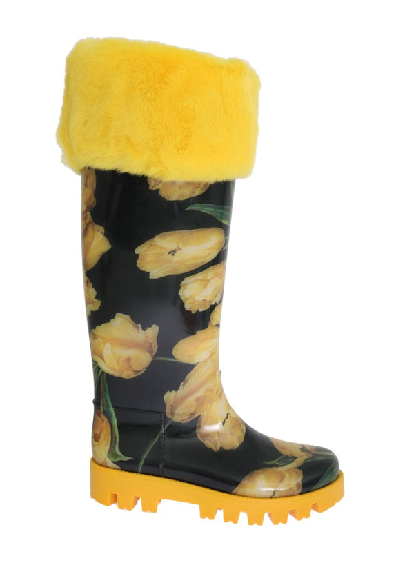 Yellow Tulip Print Fur Rubber Rain Boots