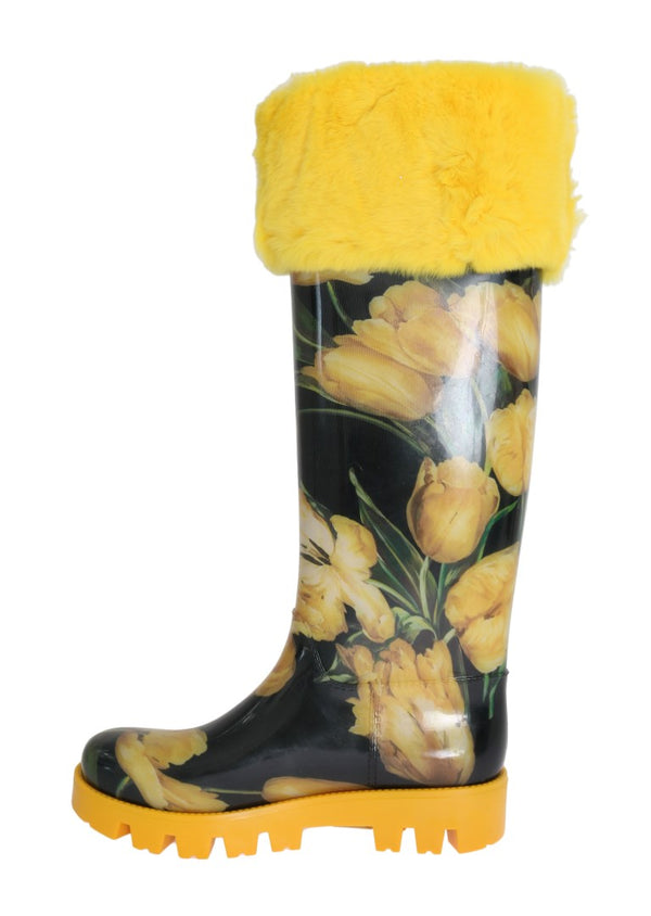 Yellow Tulip Print Fur Rubber Rain Boots