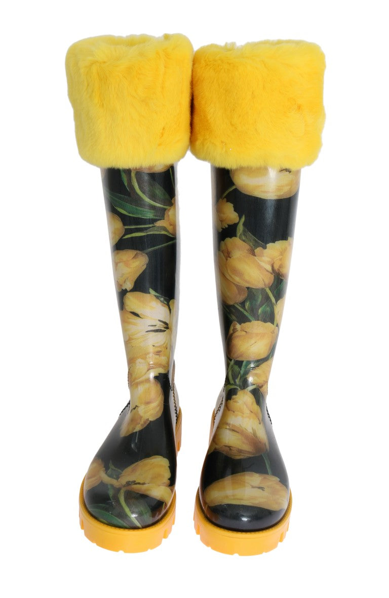 Yellow Tulip Print Fur Rubber Rain Boots