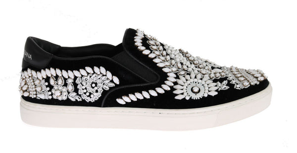 Black Velvet White Crystal Loafers