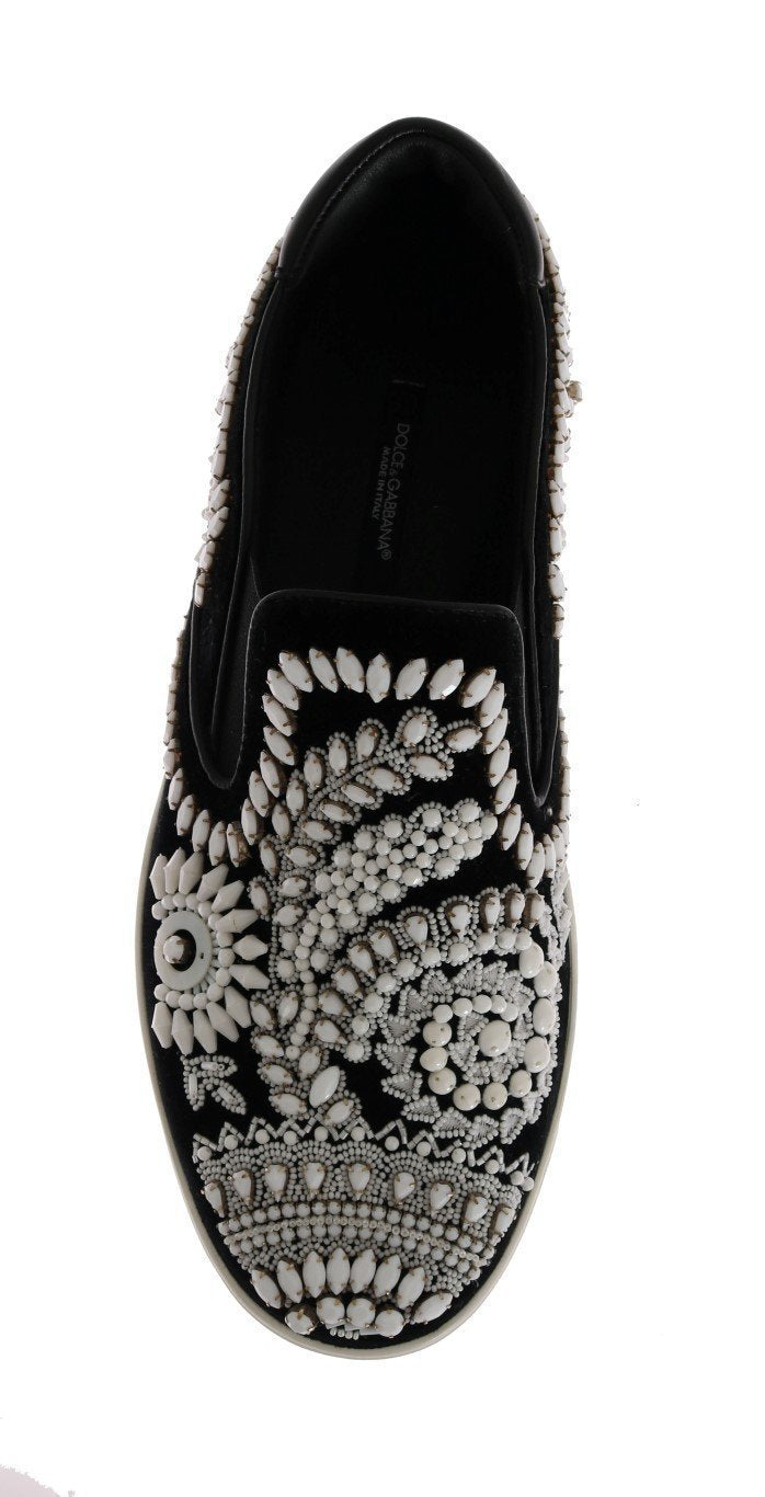 Black Velvet White Crystal Loafers