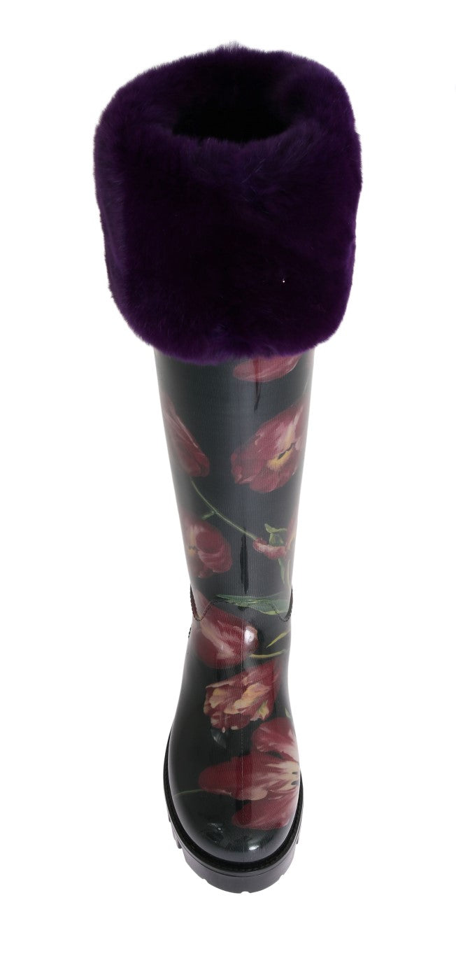 Purple Tulip Print Fur Rubber Rain Boots