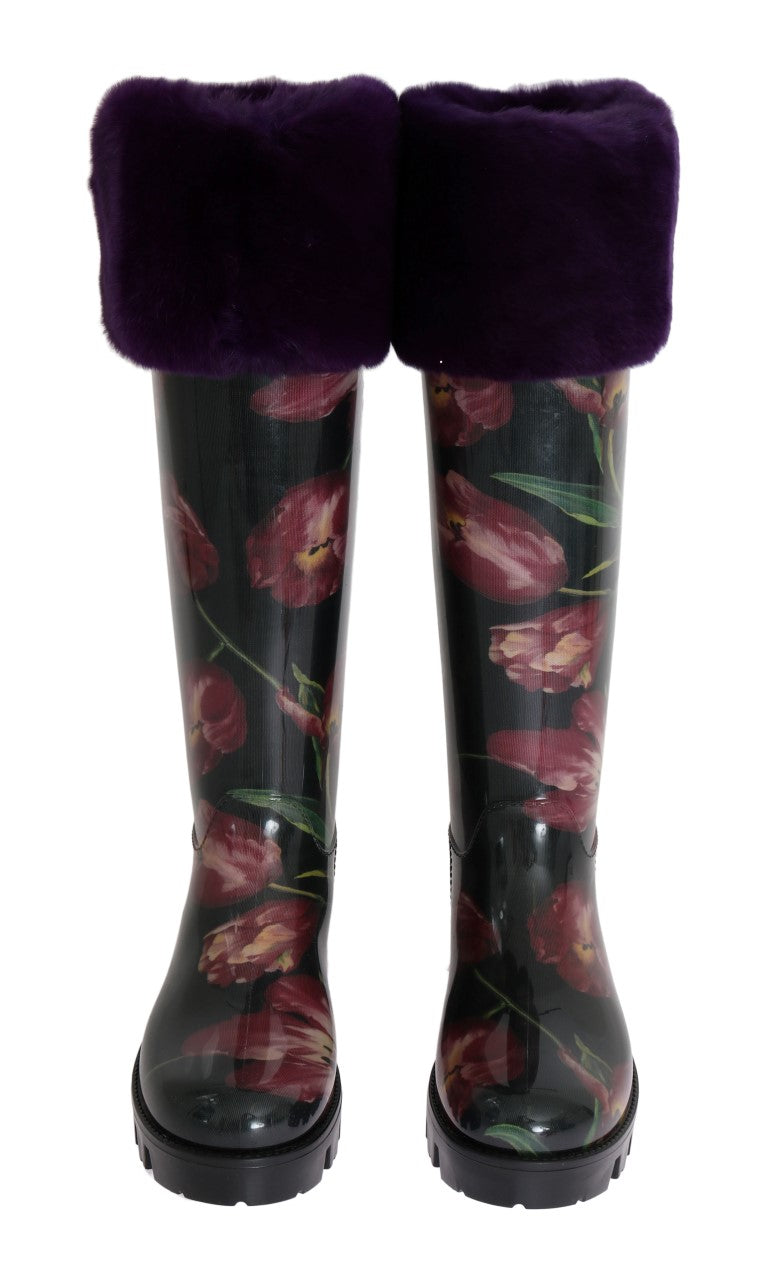 Purple Tulip Print Fur Rubber Rain Boots