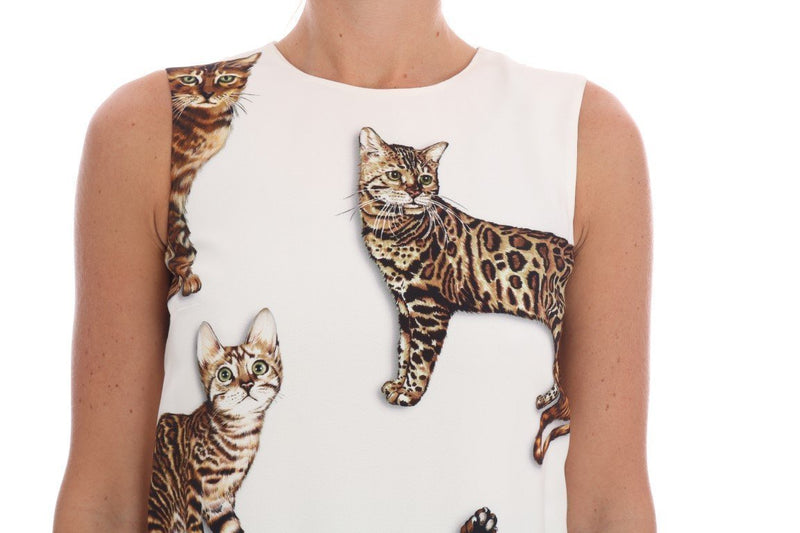 White Brown CAT Print Viscose Shift Dress