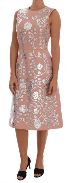 Pink Wool Silver Floral Leather Dress