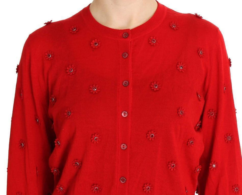 Red Silk Cashmere Crystal Cardigan Sweater