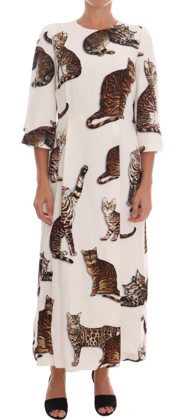 White Brown CAT Print Viscose Long Dress