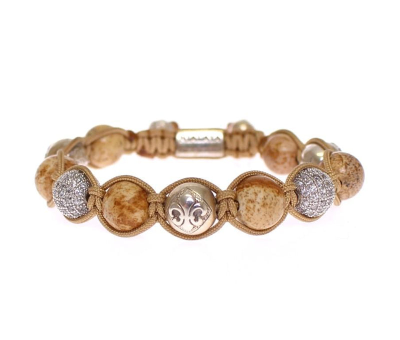 Jasper Bead Clear CZ 925 Sterling Silver Bracelet